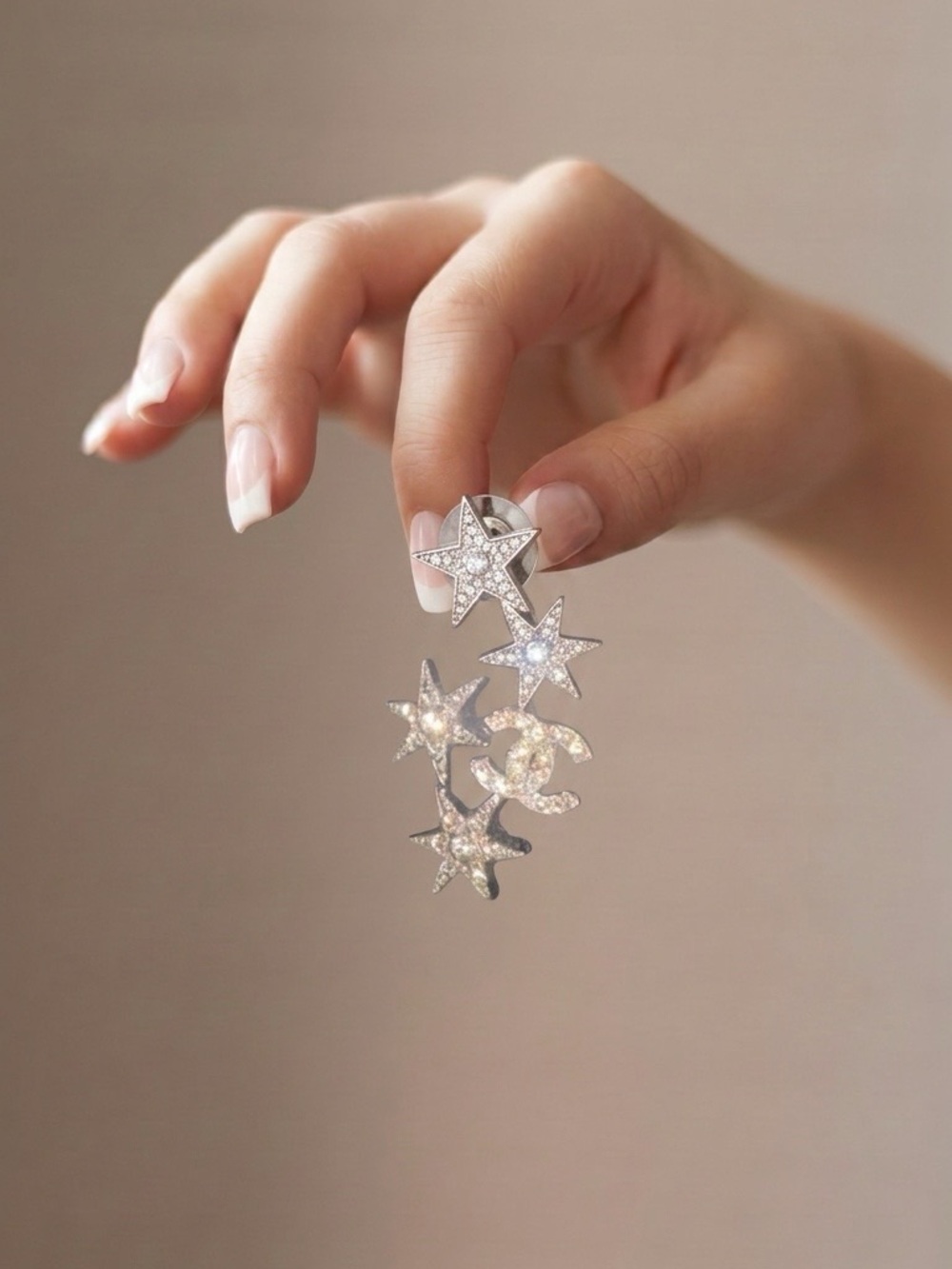 CHANEL Silver Star Cluster Drop Earrings with CC Motif